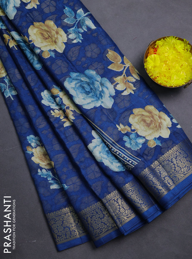Semi dola saree peacock blue with floral prints & zari weaves and zari woven border