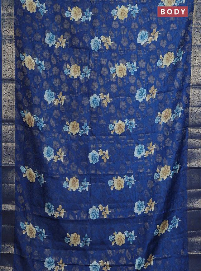 Semi dola saree peacock blue with floral prints & zari weaves and zari woven border