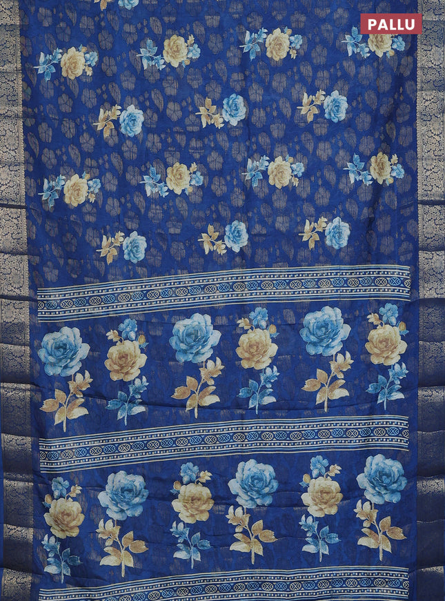 Semi dola saree peacock blue with floral prints & zari weaves and zari woven border