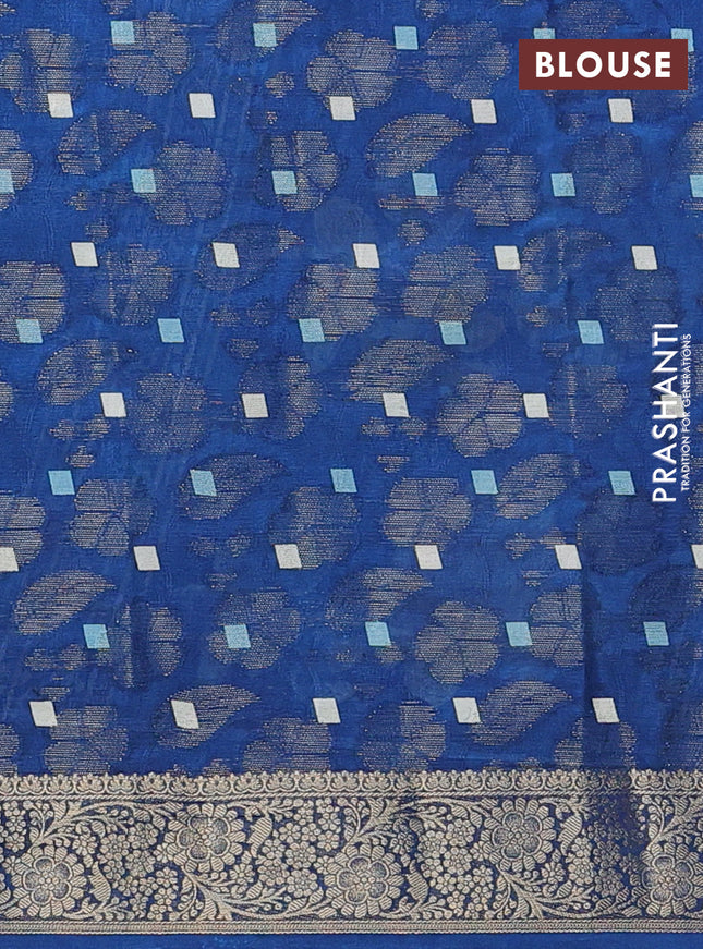 Semi dola saree peacock blue with floral prints & zari weaves and zari woven border