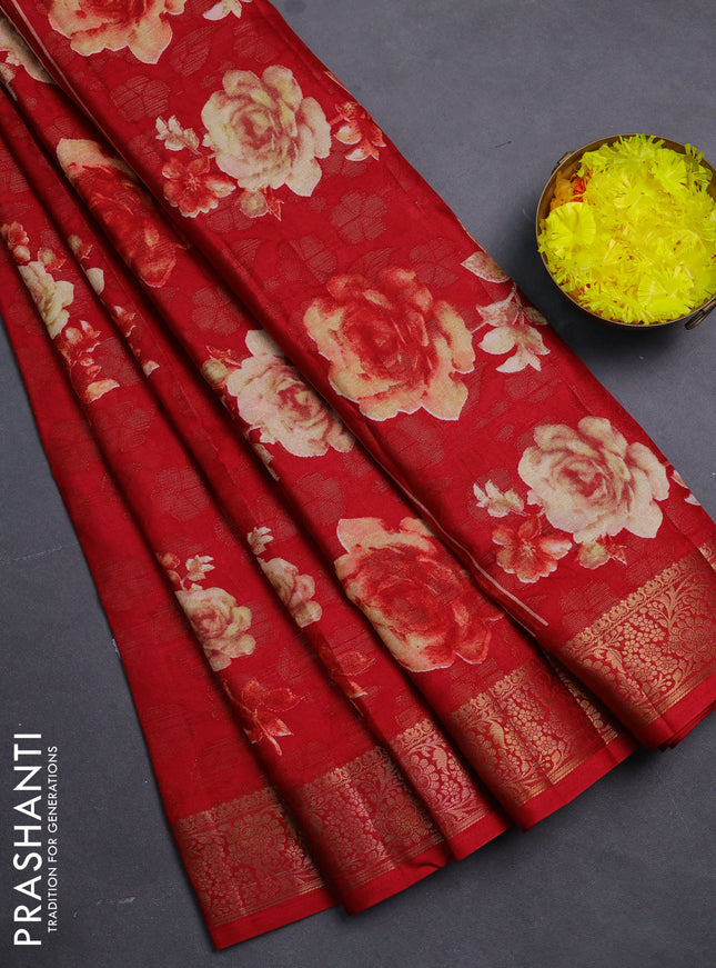 Semi dola saree maroon with floral prints & zari weaves and zari woven border