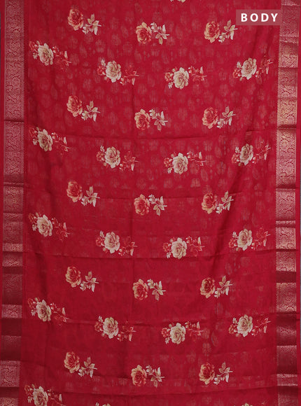 Semi dola saree maroon with floral prints & zari weaves and zari woven border