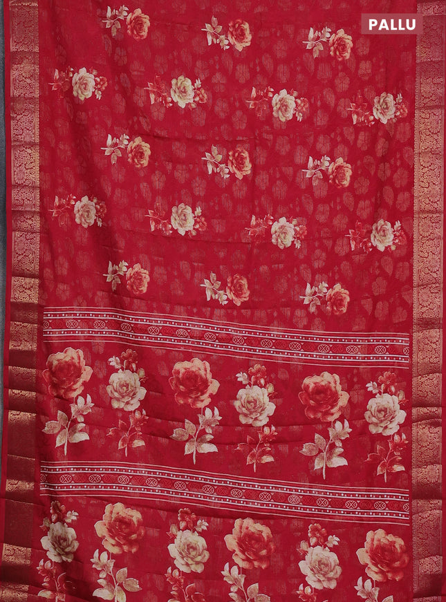 Semi dola saree maroon with floral prints & zari weaves and zari woven border