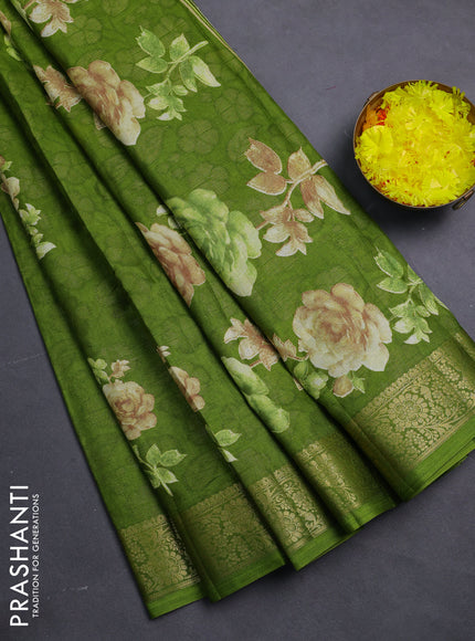 Semi dola saree green with floral prints & zari weaves and zari woven border
