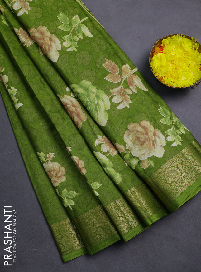 Semi dola saree green with floral prints & zari weaves and zari woven border