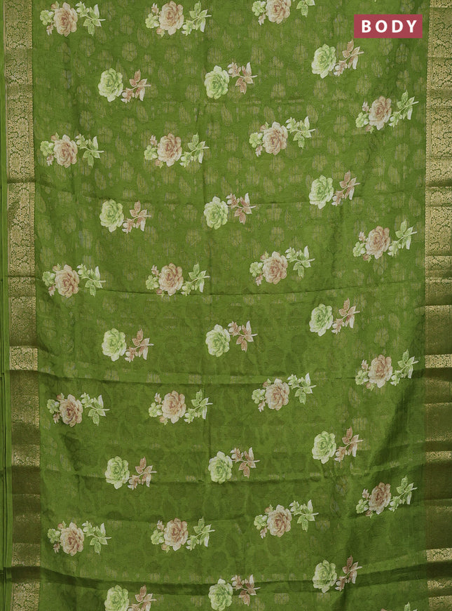 Semi dola saree green with floral prints & zari weaves and zari woven border