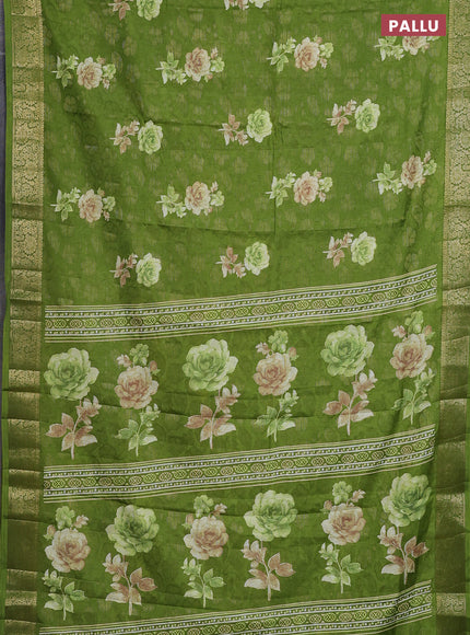 Semi dola saree green with floral prints & zari weaves and zari woven border