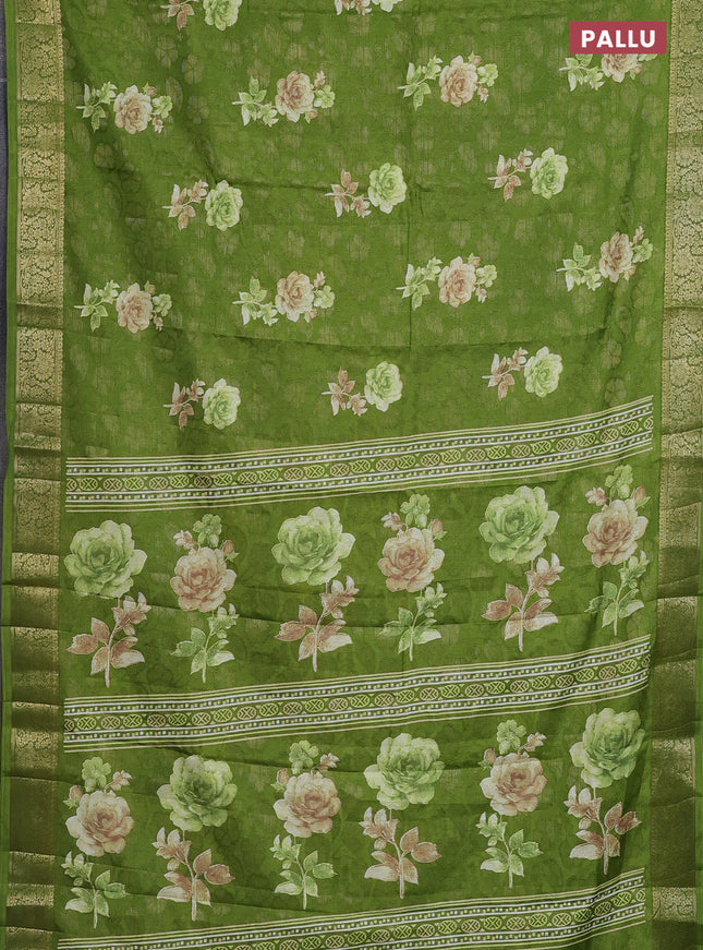Semi dola saree green with floral prints & zari weaves and zari woven border