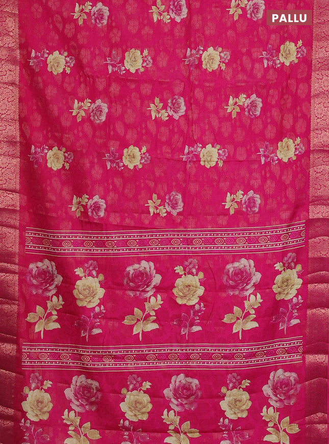 Semi dola saree pink with floral prints & zari weaves and zari woven border