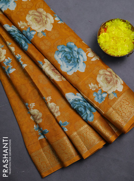 Semi dola saree mustard yellow with floral prints & zari weaves and zari woven border