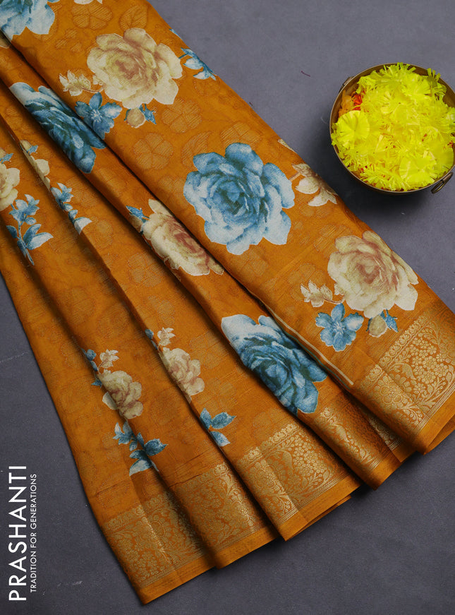 Semi dola saree mustard yellow with floral prints & zari weaves and zari woven border