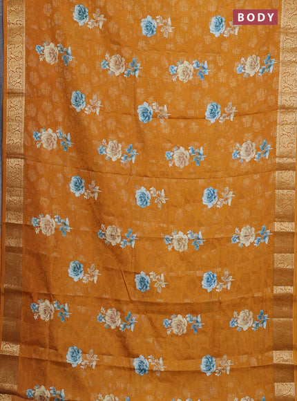 Semi dola saree mustard yellow with floral prints & zari weaves and zari woven border