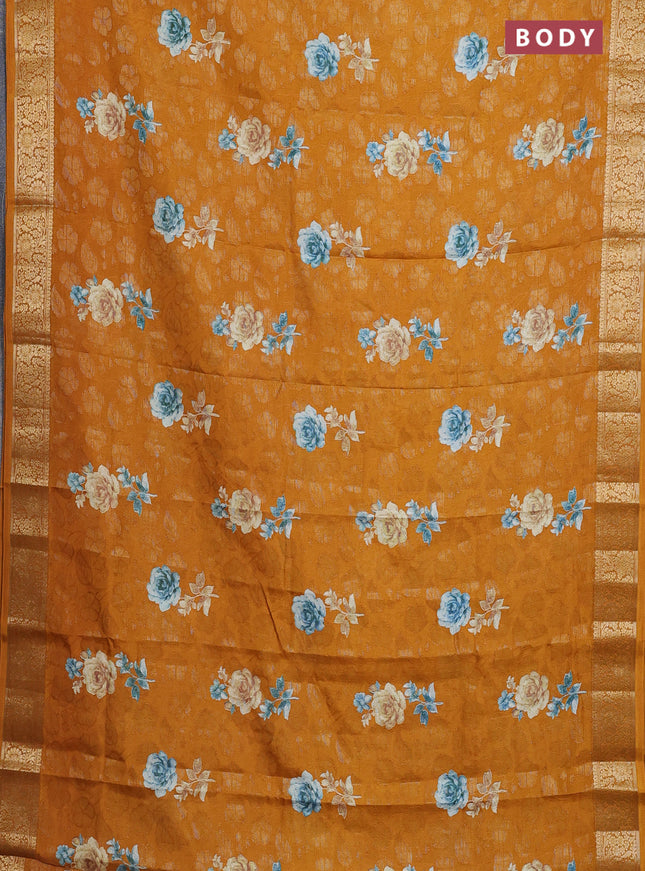 Semi dola saree mustard yellow with floral prints & zari weaves and zari woven border