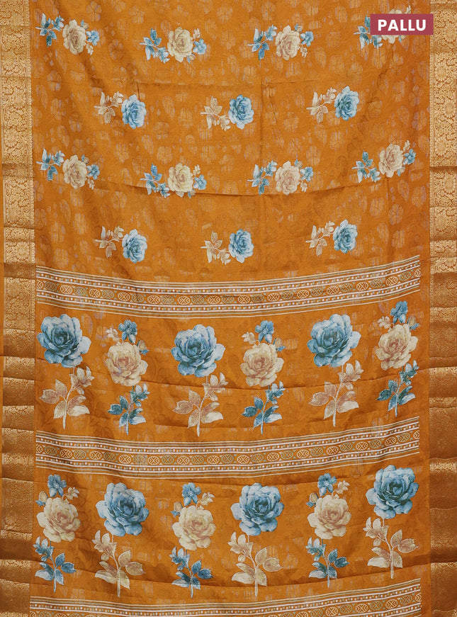 Semi dola saree mustard yellow with floral prints & zari weaves and zari woven border