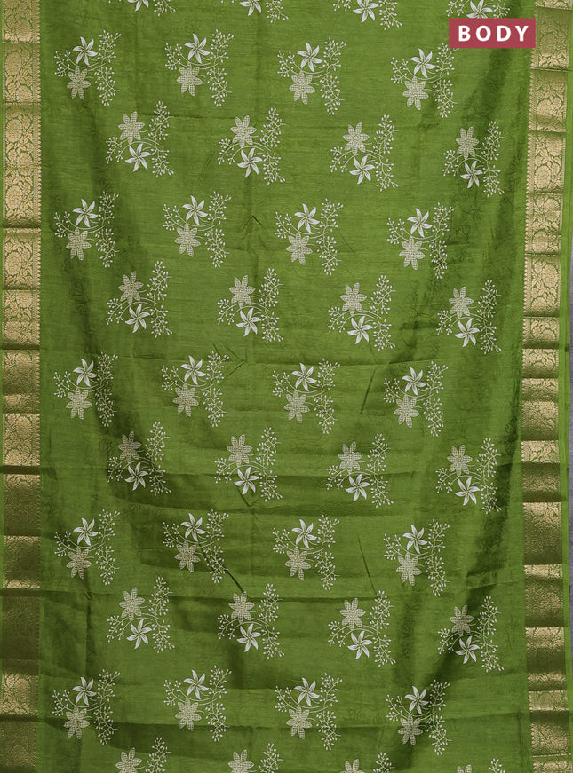 Semi dola saree mehendi green with floral prints & self emboss and zari woven border