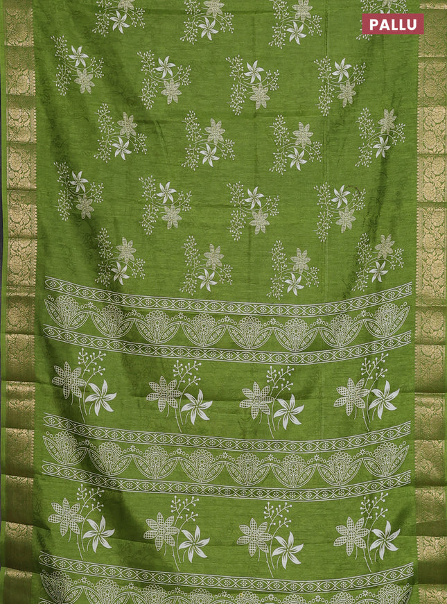 Semi dola saree mehendi green with floral prints & self emboss and zari woven border