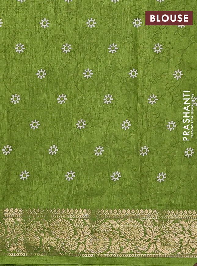 Semi dola saree mehendi green with floral prints & self emboss and zari woven border