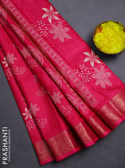 Semi dola saree pink with floral prints & self emboss and zari woven border
