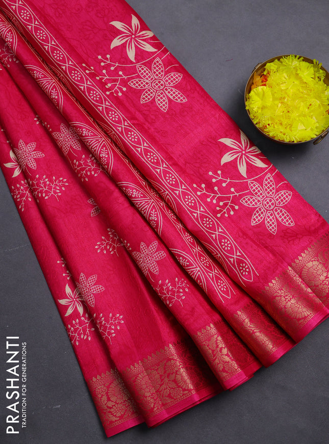 Semi dola saree pink with floral prints & self emboss and zari woven border