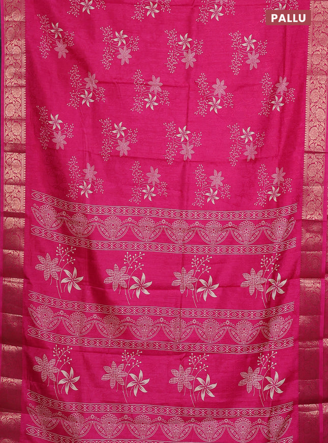 Semi dola saree pink with floral prints & self emboss and zari woven border