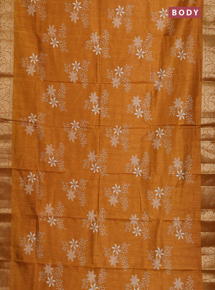 Semi dola saree mustard yellow with floral prints & self emboss and zari woven border