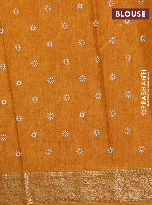 Semi dola saree mustard yellow with floral prints & self emboss and zari woven border