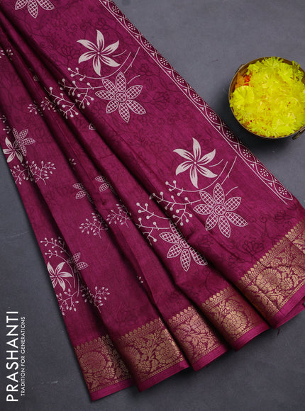 Semi dola saree wine shade with floral prints & self emboss and zari woven border