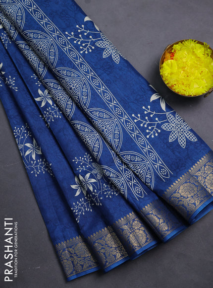 Semi dola saree peacock blue with floral prints & self emboss and zari woven border