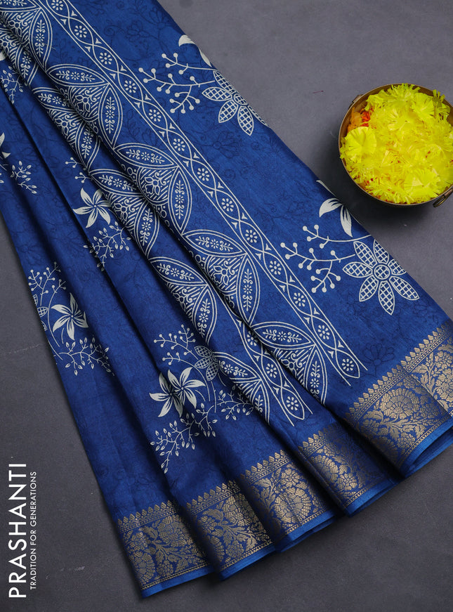 Semi dola saree peacock blue with floral prints & self emboss and zari woven border