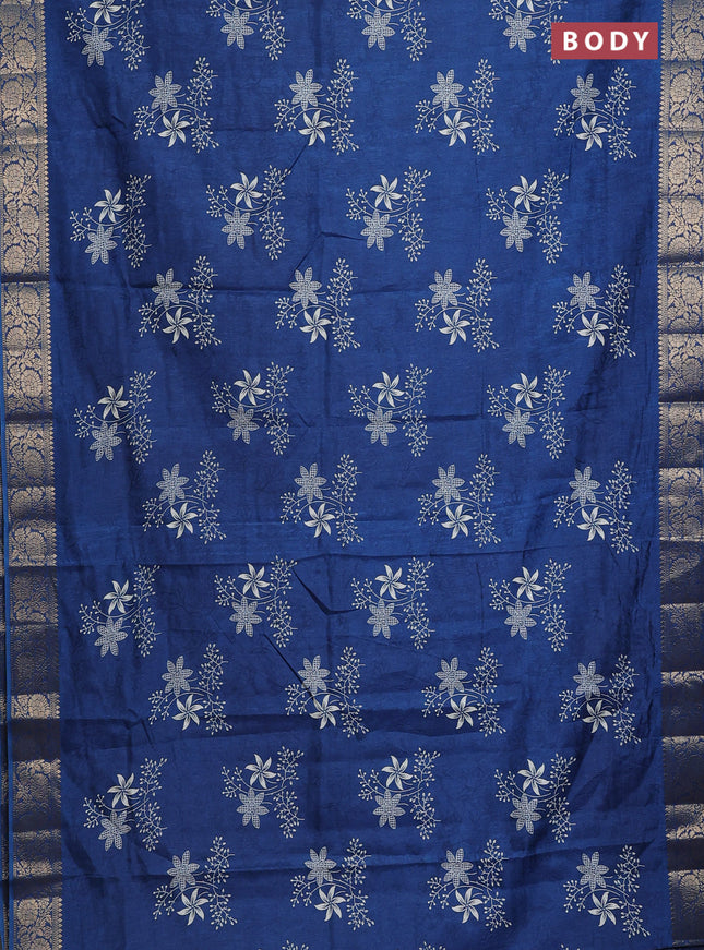 Semi dola saree peacock blue with floral prints & self emboss and zari woven border