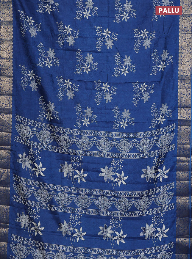 Semi dola saree peacock blue with floral prints & self emboss and zari woven border