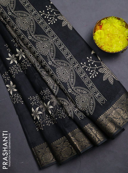 Semi dola saree black with floral prints & self emboss and zari woven border