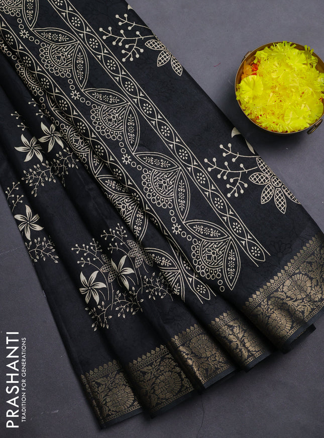 Semi dola saree black with floral prints & self emboss and zari woven border