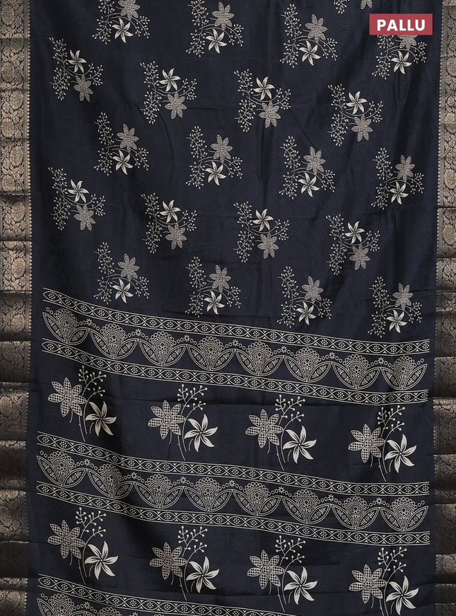 Semi dola saree black with floral prints & self emboss and zari woven border