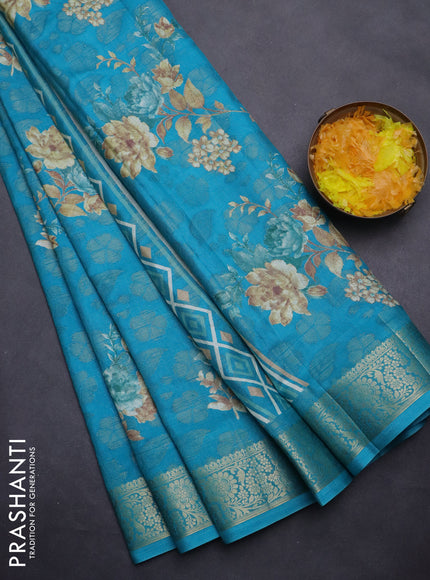 Semi dola saree cs blue with floral prints & zari weaves and zari woven border