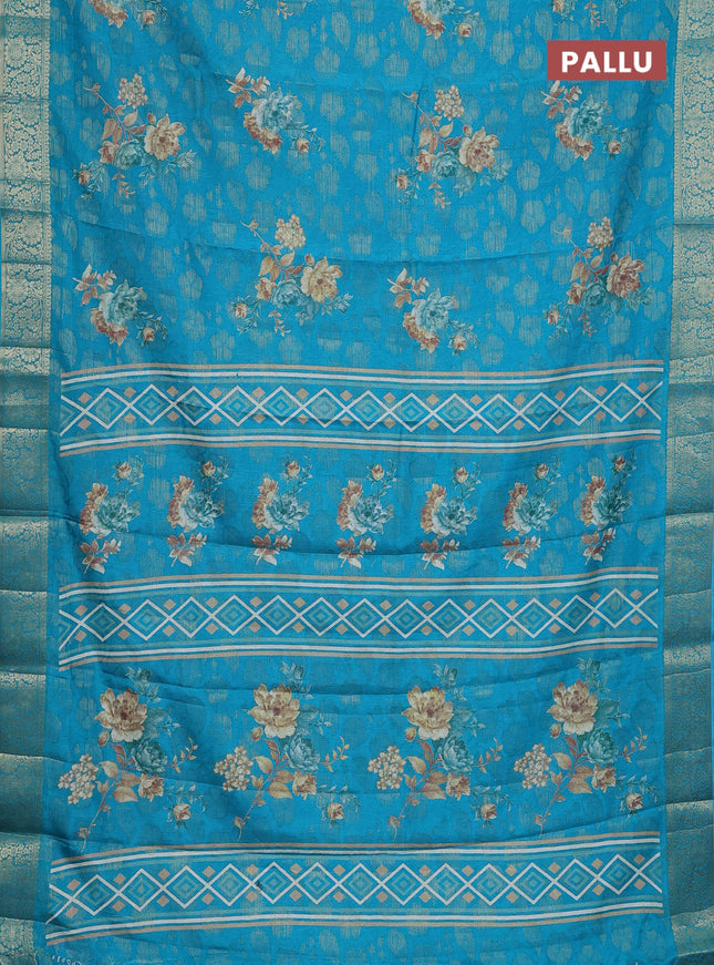 Semi dola saree cs blue with floral prints & zari weaves and zari woven border