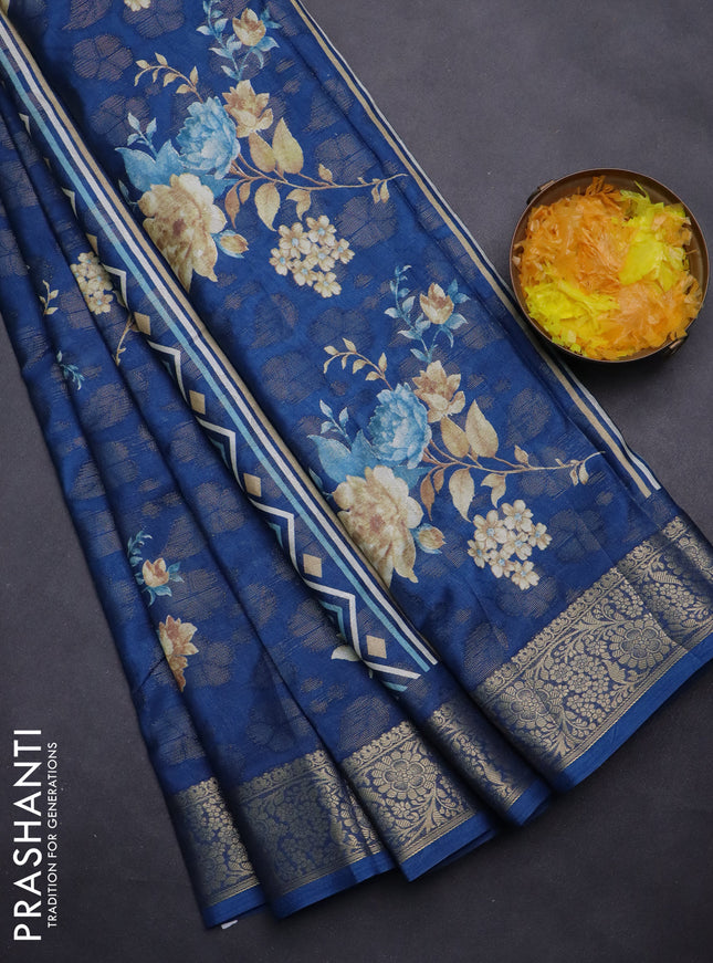 Semi dola saree peacock blue with floral prints & zari weaves and zari woven border
