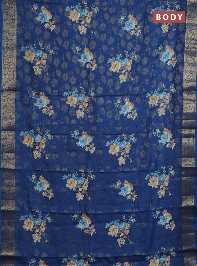 Semi dola saree peacock blue with floral prints & zari weaves and zari woven border