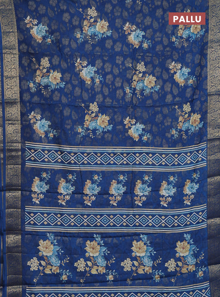 Semi dola saree peacock blue with floral prints & zari weaves and zari woven border