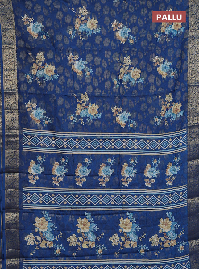 Semi dola saree peacock blue with floral prints & zari weaves and zari woven border