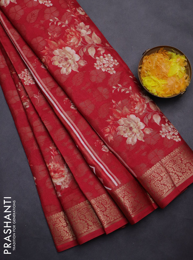 Semi dola saree maroon with floral prints & zari weaves and zari woven border