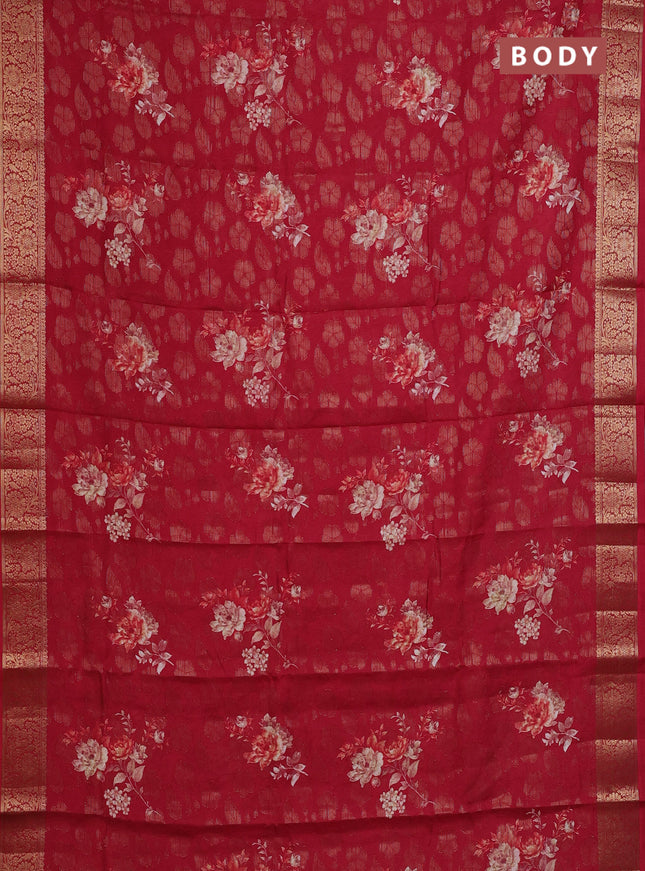 Semi dola saree maroon with floral prints & zari weaves and zari woven border