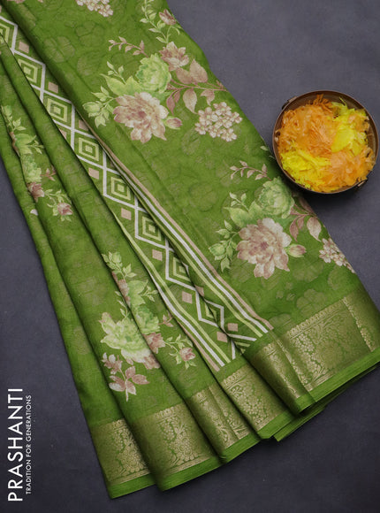 Semi dola saree green with floral prints & zari weaves and zari woven border
