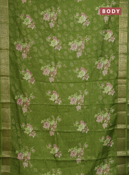 Semi dola saree green with floral prints & zari weaves and zari woven border