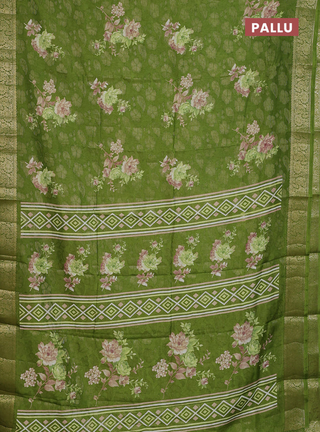 Semi dola saree green with floral prints & zari weaves and zari woven border