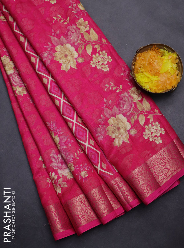 Semi dola saree pink with floral prints & zari weaves and zari woven border