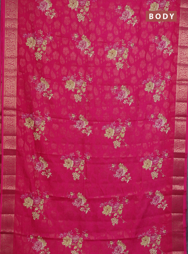 Semi dola saree pink with floral prints & zari weaves and zari woven border