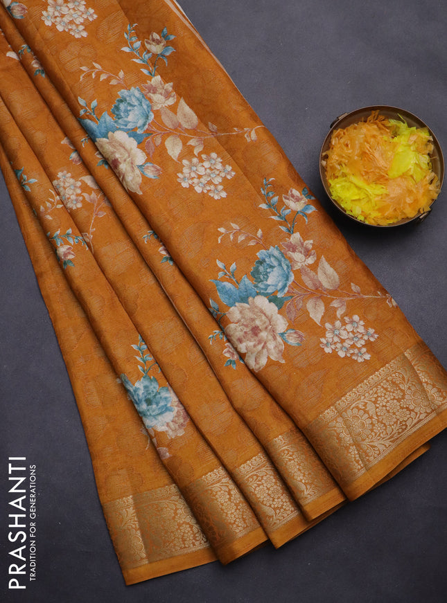 Semi dola saree mustard yellow with floral prints & zari weaves and zari woven border