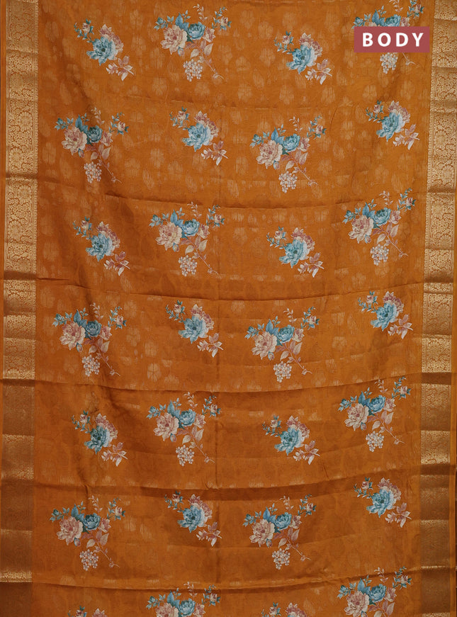 Semi dola saree mustard yellow with floral prints & zari weaves and zari woven border