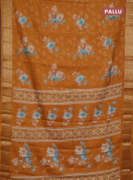Semi dola saree mustard yellow with floral prints & zari weaves and zari woven border